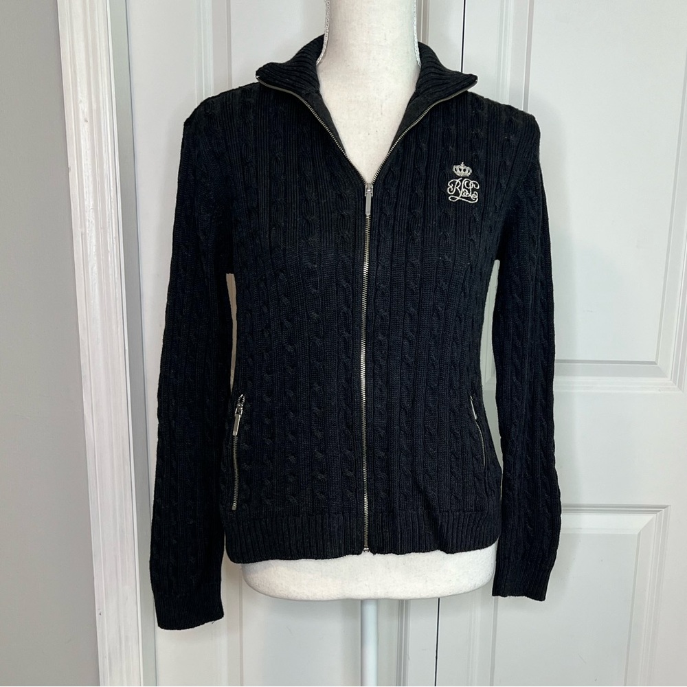 Lauren Ralph Lauren Dark Grey Cable Knit Full Zip Sweater Embroidered Crest